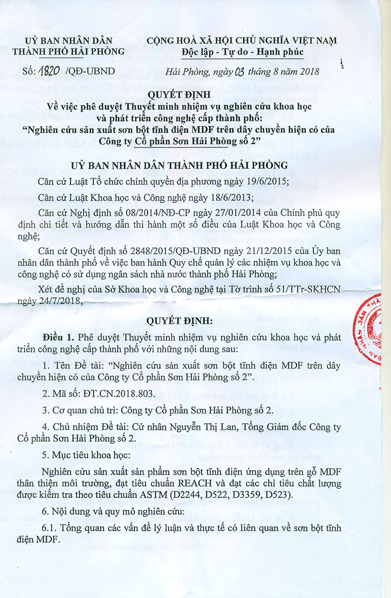 Quyết định phê duyệt thuyết minh nhiệm vụ khoa học và phát triển công nghệ cấp thành phố